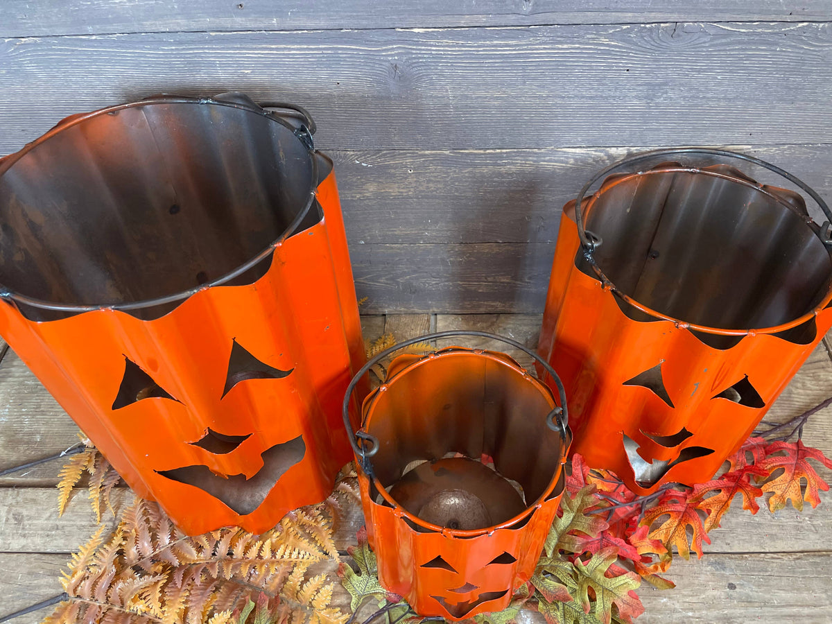 Halloween Pumpkin Buckets Set 3-Metal-Nesting-Orange