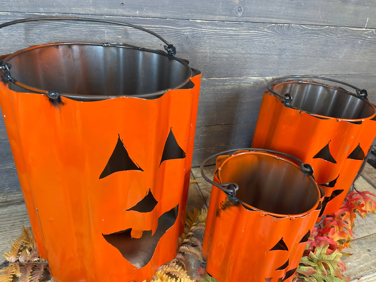 Halloween Pumpkin Buckets Set 3-Metal-Nesting-Orange