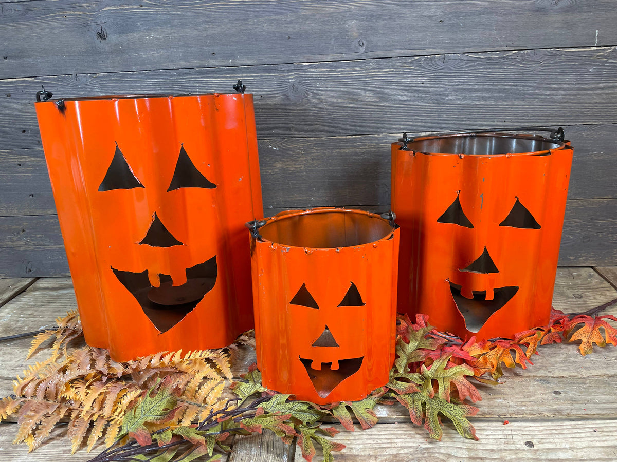 Halloween Pumpkin Buckets Set 3-Metal-Nesting-Orange