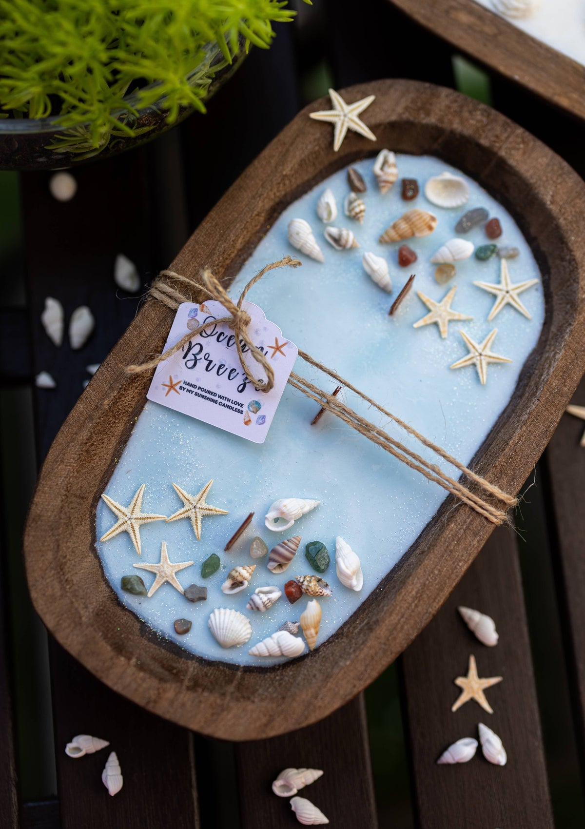 Dough Bowl Candle With Wood Wick and Soy Wax/ With Sea Shells & Starfish /Farmhouse Candle/3 Wood Wick Candle /Summer Scents